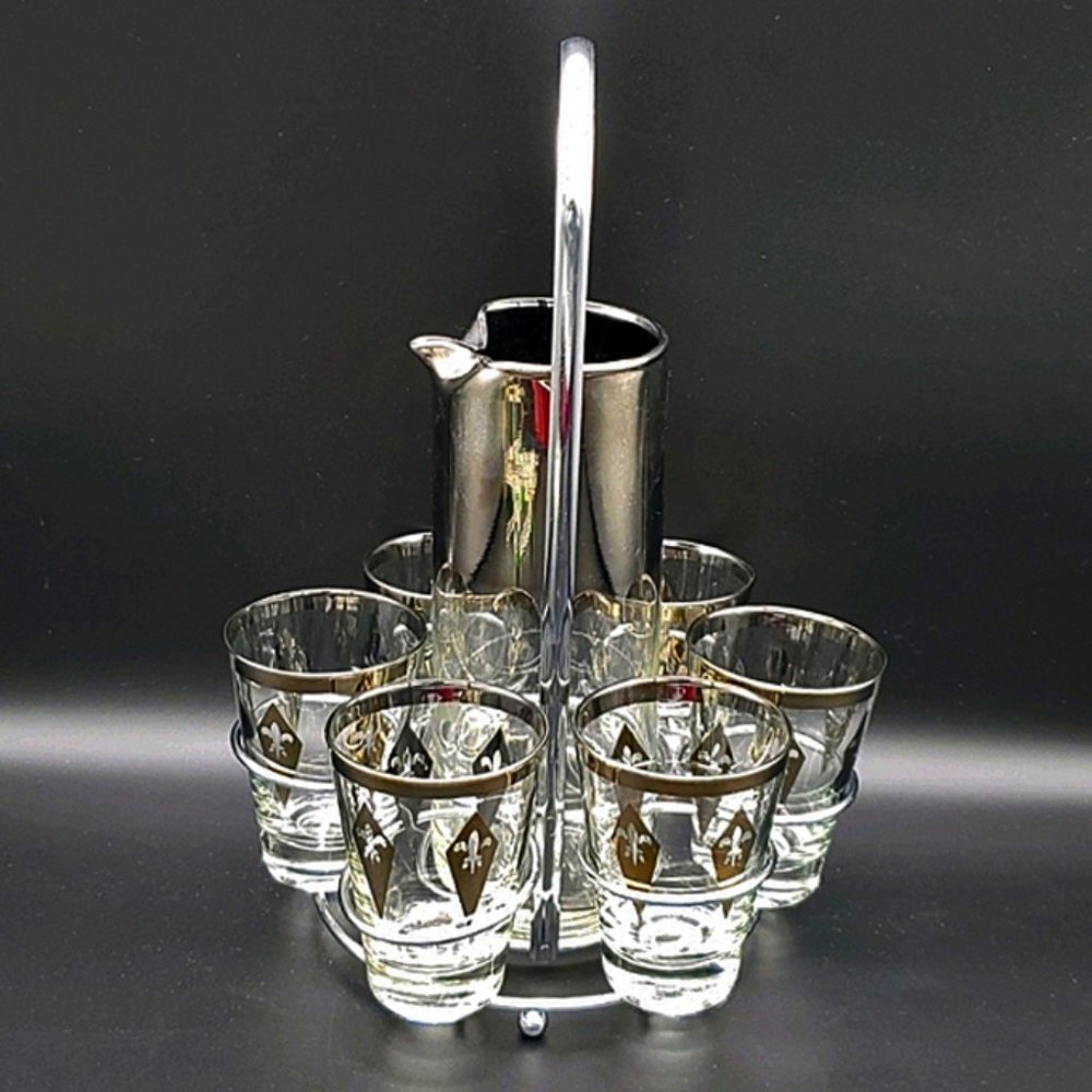 MCM Silver Fade Cocktail Glasses Pitcher w/Carrier